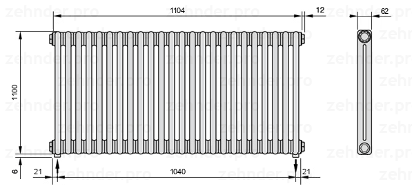 Схема (чертеж) Радиатор Zehnder Charleston 2110/24 №5310 Белый глянцевый RAL 9016